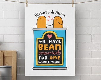 Personalised 1st Anniversary Tea Towel - We Have Bean Married For One Whole Year, Personalised 1st Wedding Anniversary Gift