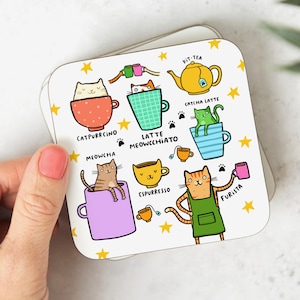 Caffeine Cats Coaster - Cat Pun Coaster, Coffee Pun Coaster, Funny Birthday Gift, Friendship Gift