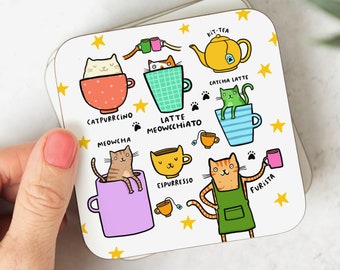 May include: Set of six white ceramic coasters with a cat-themed coffee and tea design. Each coaster features a different cat breed with a punny name like "Catpurrcino" and "Meowccchiato".