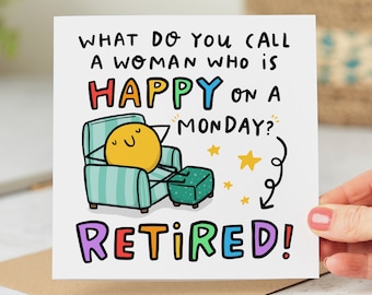 Woman Happy On A Monday Retirement Card, Funny Retirement Card, Joke, Work Friend, Congrats On Your Retirement, Personalised Card