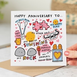 Tarjeta de aniversario romántica, Feliz aniversario para mi, Roca, Mi compañero del crimen, Mi rayo de sol, Mi lugar feliz, Mi humano favorito Bean®