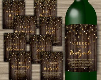 Milestone Wine Labels - Gold - Rustic - Bridal Shower - Gift Basket 1st Year Milestones - INSTANT DOWNLOAD - Year Of Firsts - PRINTABLE W046
