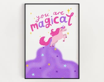 You Are Magical Art Print - UNFRAMED - Unicorn Wall Decor, Girls Bedroom, Kids Playroom
