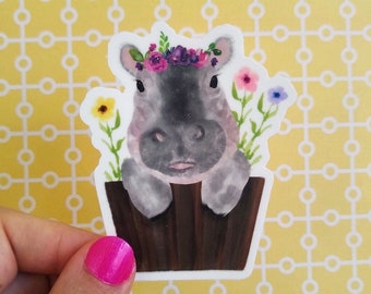 Hippo Decal, Hippopotamus Decal, Laptop Sticker, Tumbler decal, Car Decal, Watercolor Decal, Journal Sticker, Floral Animal