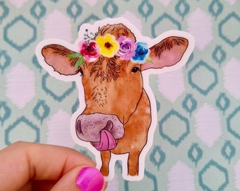 Watercolor Cow, Laptop Decal Sticker, Water Bottle Decal, Cow Gift, Gift for her, Gifts under 5, Licking Cow, Tumbler Sticker, Cute Stickers