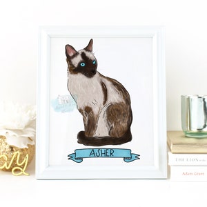 Siamese cat Art, Siamese cat gift, Personalized cat portrait, cat art, Illustration, Custom Pet Portrait, Cat mom gift, Art Print, wall art