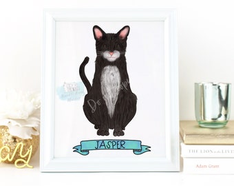 May include: A digital illustration of a black and white cat with a white patch on its chest. The cat is sitting with its paws tucked under its body. The cat's name, "Jasper", is written on a blue ribbon banner below the cat.