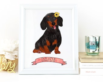 Dachshund Decor, Dachshund Art Print, Personalized Gift, Dachshund Mom, Custom Pet Portrait, Hand Illustration, Weiner dog, Dachshund Lover
