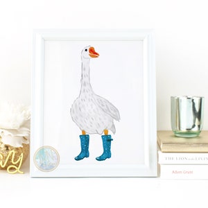 Watercolor Goose in Rain boots, Farmhouse Decor, Silly Goose, Watercolor Art Print, Animal Prints, Bird Art, Bird Prints, Bird Gifts