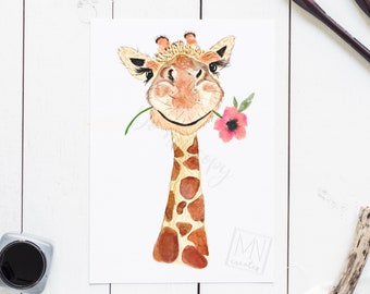 Giraffe Art Print, Giraffe Gift, Watercolor Paintings, Giraffe Gifts for Women,  Giraffe with flowers,  Home Decor,  Giraffe Lover