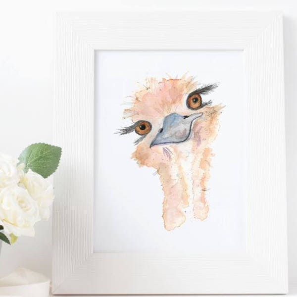 Ostrich Print, Ostrich Painting, Original watercolor painting, watercolor animal, watercolor art, watercolor ostrich,Emu,Emu art,Nursery Art