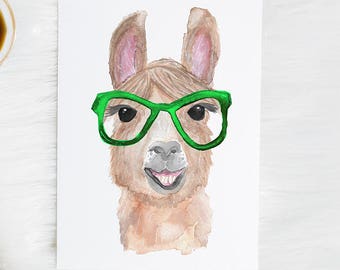 Watercolor Llama Painting, Llama wearing glasses, Original Llama Painting, Alpaca Art, Hipster Animal Home Decor, Llama Art Print, Gift Idea