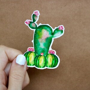 Puede incluir: Un cactus verde de acuarela con flores rosas y cactus redondos verdes y amarillos en la base.