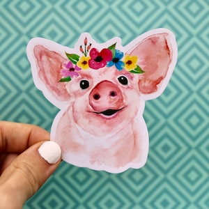 Watercolor laptop decal, Pig Decal, Laptop Sticker, Journal Cover Stickers, Pig Gift, Gift for her, Gifts under 5, Cute Pig, Flowers