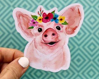Watercolor laptop decal, Pig Decal, Laptop Sticker, Journal Cover Stickers, Pig Gift, Gift for her, Gifts under 5, Cute Pig, Flowers