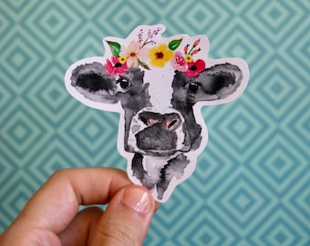 Watercolor laptop decal, Cow Decal, Laptop Sticker, Journal Cover Stickers, Cow Gift, Gift for her, Gifts under 5, Holstein Cow, Flowers