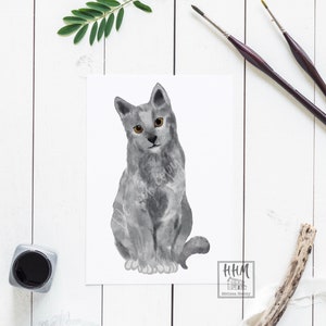 Russian Blue Cat, Wall Art, Gray Cat Watercolor Cat, Art Print, Cat lover gift, Cat mom gift, Grey Cat, Gifts