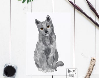 Russian Blue Cat, Wall Art, Gray Cat Watercolor Cat, Art Print, Cat lover gift, Cat mom gift, Grey Cat, Gifts