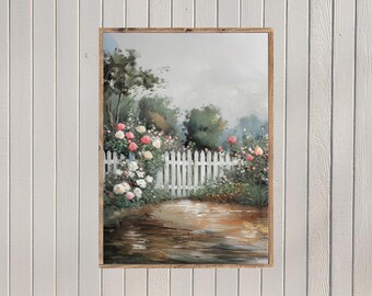 May include: A painting of a white picket fence with a garden of pink and white flowers in front of it. The fence is in the middle of the painting, and the flowers are on both sides of it. The background is a blurry image of trees and a cloudy sky.