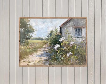 May include: A painting of a white farmhouse with a window and a path leading to it. The farmhouse is surrounded by green trees and bushes with white flowers.