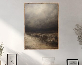 May include: A framed painting of a landscape with a cloudy sky and a path leading to a field of grass.