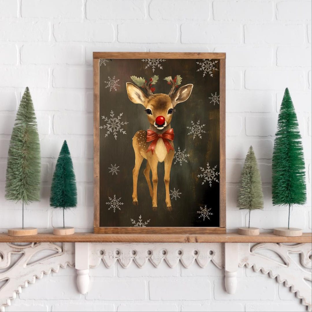 Rosy Nosed Rudolph With Snowflakes Canvas Printed Sign - Etsy
