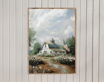 May include: A painting of a white farmhouse with a red roof and a red, white, and blue American flag flying in front of it. The farmhouse is surrounded by a field of white flowers and green trees. The sky is blue with white clouds.