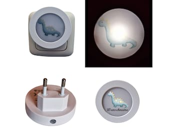 LED-Nachtlichtstecker mit Sensor, Motiv: Dinosaurier blau/ gelb, personalisierbar