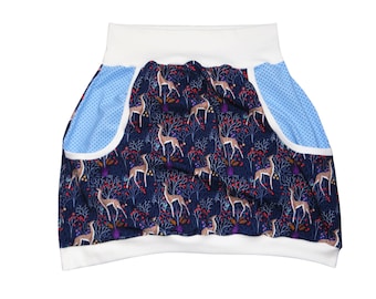 Women's pump skirt, balloon skirt size 42, deer, forest, forest animals, dots, dark blue, light blue, white
