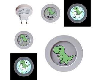 LED-Nachtlichtstecker mit Sensor, Motiv: Dino grün, Sterne, personalisierbar