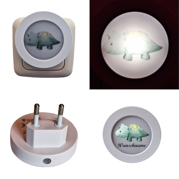 LED-Nachtlichtstecker mit Sensor, Motiv: Triceratops grün/gelb, personalisierbar