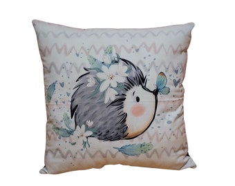 large decorative cushion with motif: hedgehog/black