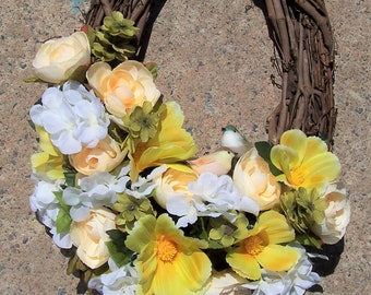 Grapevine Wreath, Little Birds. Oval Wreath.  Hops, Ranunculus, Hydrangea, Cosmos.