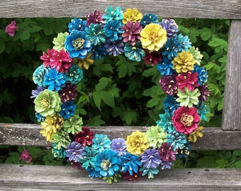 Pine Cone Wreath, Vintage-Style Technique in a Darker and Brighter Mix of colors.  High quality.