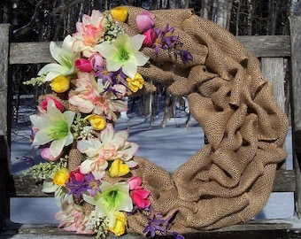 Burlap Wreath.  Many Mixed Flowers and Beautiful Spring Colors.  Rustic decor.  Farmhouse decor.