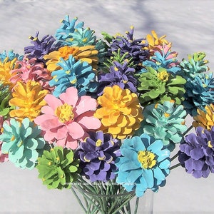 Spring Pine Cone Flowers, ORIGINAL  Painted Pine Cones on 12-inch Wood Stems.  One dozen.  Mother's day, Valentine's day, gifts.