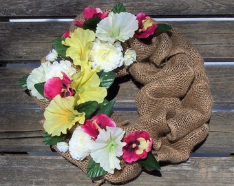 Small Burlap Wreath.  One-of-a-Kind.  Colorful Orchids, Petunias, etc.  Available plain also.