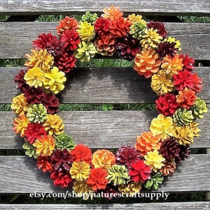 Fall Wreath, Thanksgiving. High-Quality, Colorful, Pine Cone Wreath. Unique wreath with painted Pine cones. Door wreath, wall decor. image 1