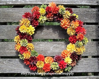 Fall Wreath, Thanksgiving.  High-Quality, Colorful, Pine Cone Wreath.  Unique wreath with painted Pine cones.  Door wreath, wall decor.