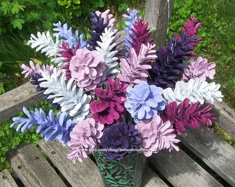 Lilac Pine Cone Flowers.  ONE DOZEN.  Curved Pine cones on 12-Inch Stems, like flowers hanging.  Custom colors available.