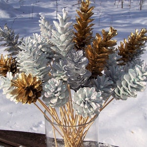 Pine Cone Flowers, One Dozen.  Sparkly Snow White and Metallic Silver and Gold.  On 12-inch stems.  Christmas, winter decor, floral picks.