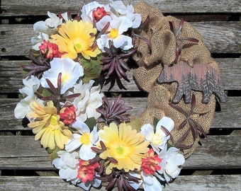 Burlap Wreath with BEAR, Wildflowers.  Rustic.
