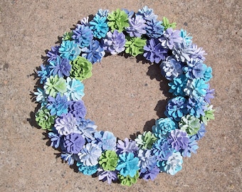 Pine Cone Wreath, Hydrangea-inspired.  Unique wreath with painted Pine cones in purples, blues, white, and green.