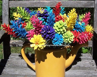 Bright and Bold Pine Cone Flowers.  The ORIGINAL on 12-inch stems.  ONE DOZEN.  White Pine mixed in.  Please read the description!