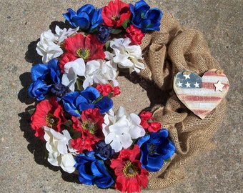 Burlap Wreath.  Red, White, and Blue.  Flag heart.  Patriotic wreath.