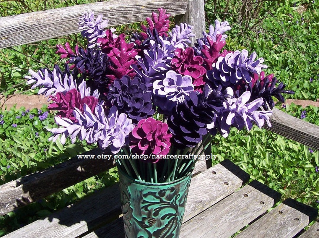 Lilac Pine Cone Flowers. ONE DOZEN. Curved Pine Cones Like Flowers