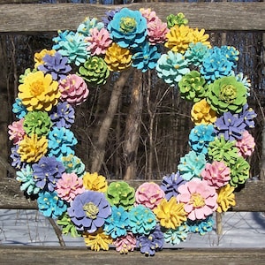 Pine Cone Wreath, Pastels.  High quality.  Unique wreath with painted pine cones and a few Pine cone "flowers".  Easter, spring.