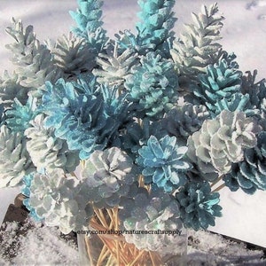 The Original Pine Cone Flowers on Stems, ONE DOZEN.  Winter Wonderland.  Blue and White or Custom Colors.  Please read the description!