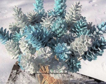 The Original Pine Cone Flowers on Stems, ONE DOZEN.  Winter Wonderland.  Blue and White or Custom Colors.  Please read the description!