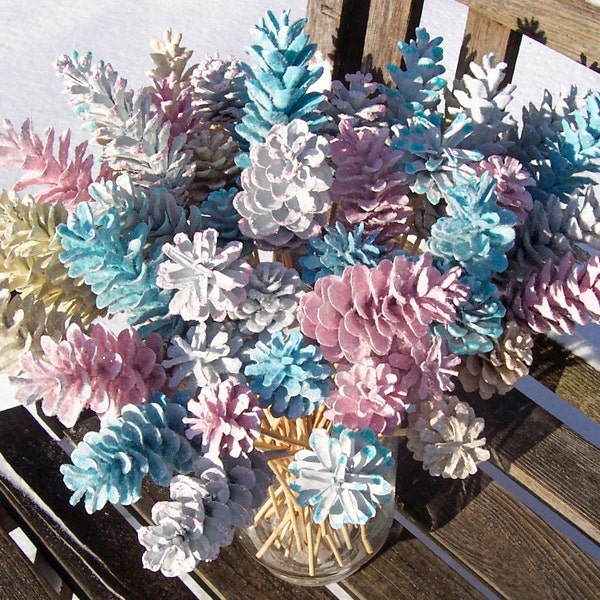Winter Wedding Decoration, Pine Cone Flowers on Stems, Sparkly.  Special Occasion.  Choose color (see photos) or custom.